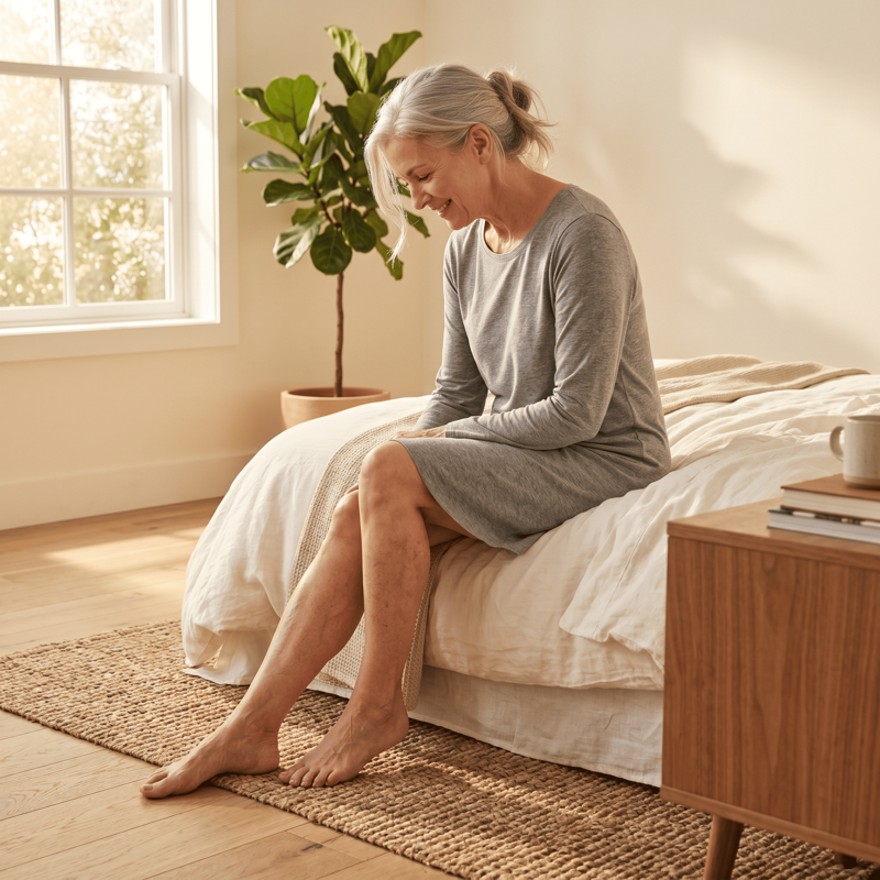Woman sitting on bed, smiling at her legs — the feeling of relief after using Purvela